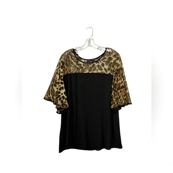Kim & Cami, Plus-Size Leopard Print Contrast Blouse, 1X, Black et Tan π - Picture 2 of 7